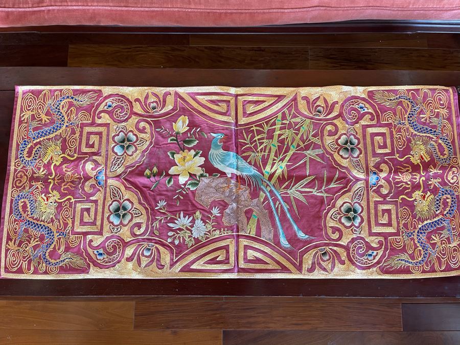 Chinese Embroidery Table Runner Featuring Dragons And Peacock 43 X 18 [Photo 3]