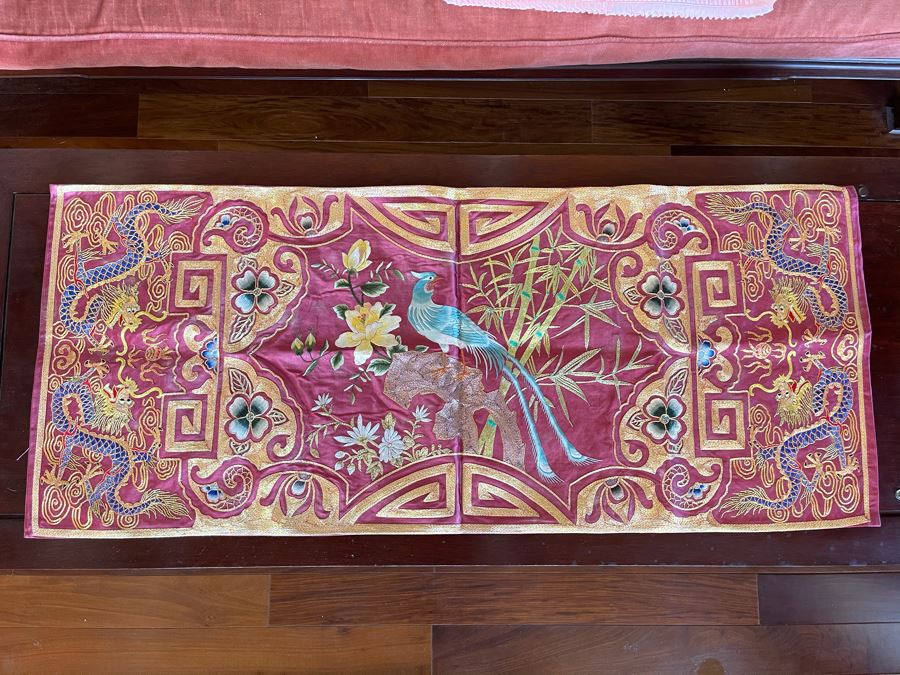 Chinese Embroidery Table Runner Featuring Dragons And Peacock 43 X 18 [Photo 1]