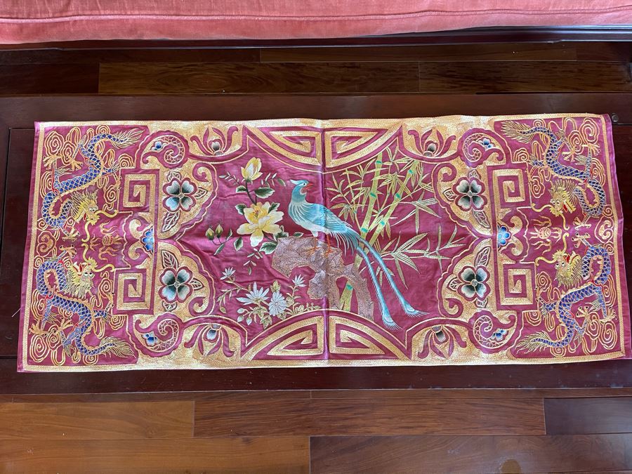 Chinese Embroidery Table Runner Featuring Dragons And Peacock 43 X 18 [Photo 2]