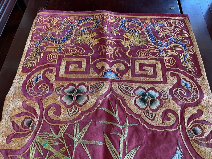 Chinese Embroidery Table Runner Featuring Dragons And Peacock 43 X 18 [Photo 9]