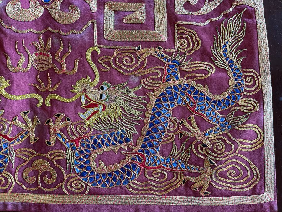Chinese Embroidery Table Runner Featuring Dragons And Peacock 43 X 18 [Photo 7]