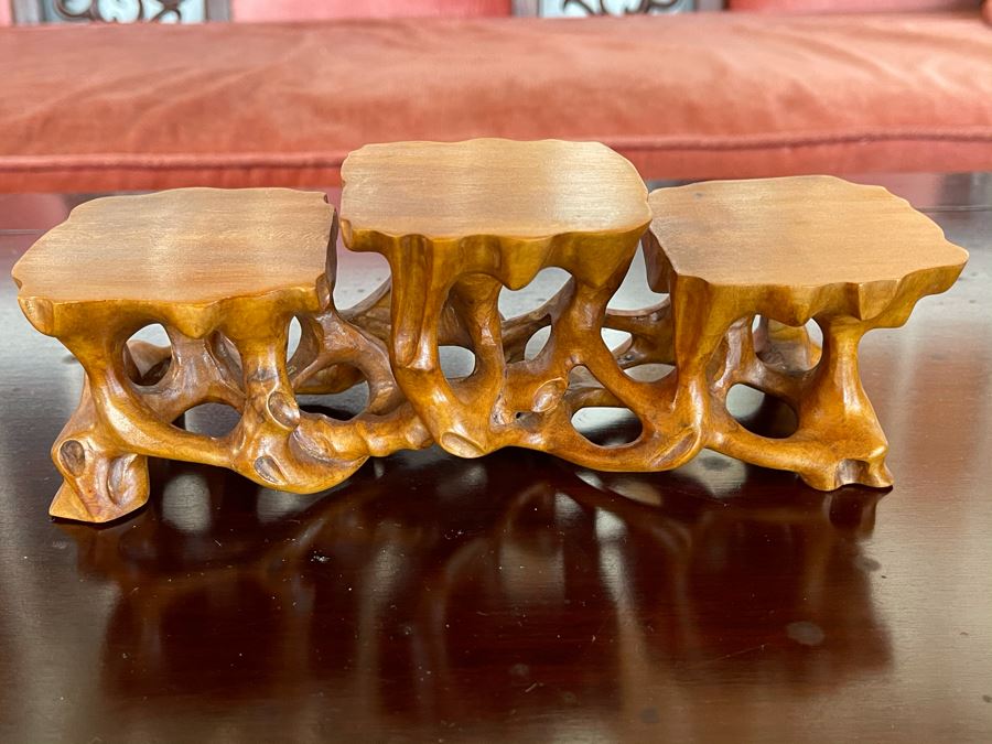 Vintage Carved Wooden 3-Step Stand 8.5W X 3D X 3H [Photo 2]