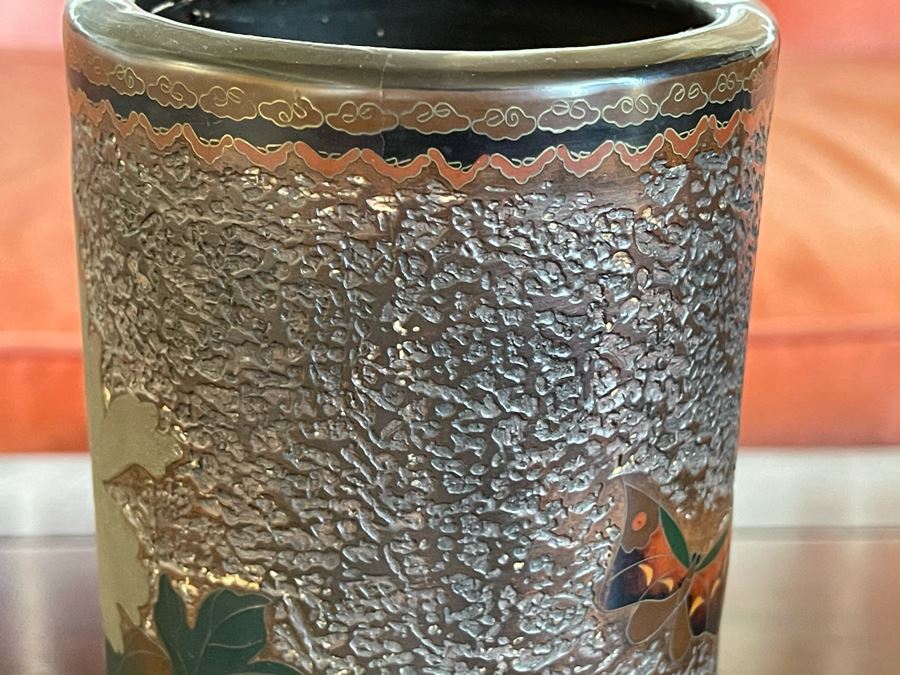 Old Japanese Cloisonne Vase Featuring Butterflies And Chrysanthemum Flowers (Slight Hairline Cracks Near Top As Shown In Photos) 9'H [Photo 16]