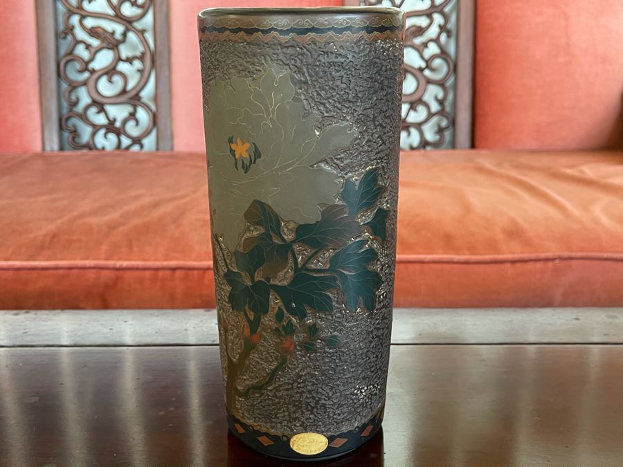 Old Japanese Cloisonne Vase Featuring Butterflies And Chrysanthemum Flowers (Slight Hairline Cracks Near Top As Shown In Photos) 9'H [Photo 1]