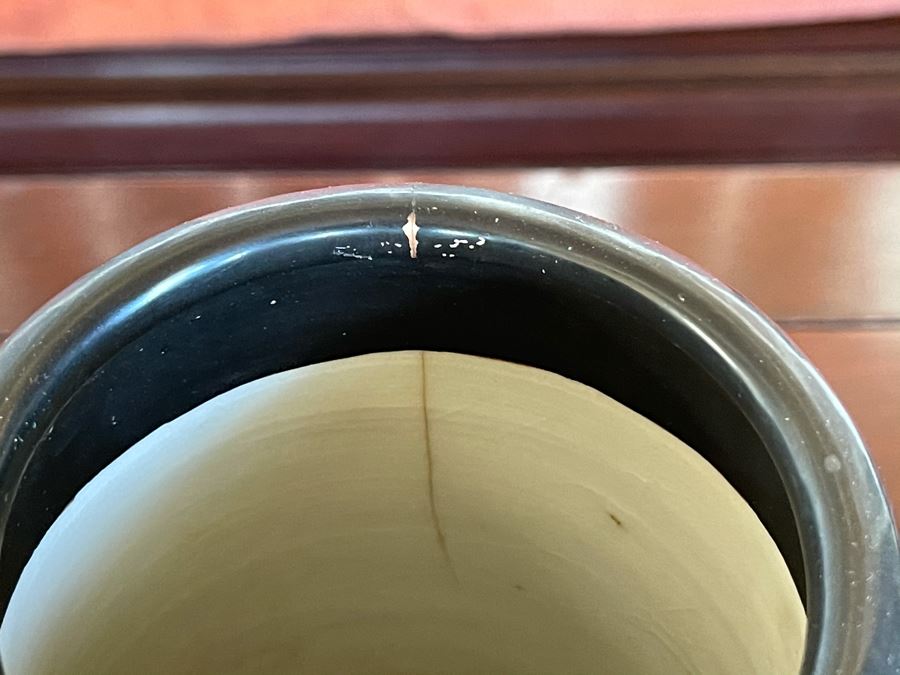 Old Japanese Cloisonne Vase Featuring Butterflies And Chrysanthemum Flowers (Slight Hairline Cracks Near Top As Shown In Photos) 9'H [Photo 12]