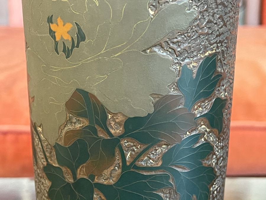 Old Japanese Cloisonne Vase Featuring Butterflies And Chrysanthemum Flowers (Slight Hairline Cracks Near Top As Shown In Photos) 9'H [Photo 4]