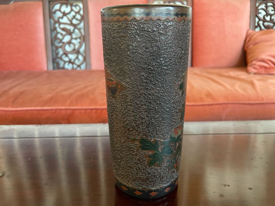 Old Japanese Cloisonne Vase Featuring Butterflies And Chrysanthemum Flowers (Slight Hairline Cracks Near Top As Shown In Photos) 9'H [Photo 9]