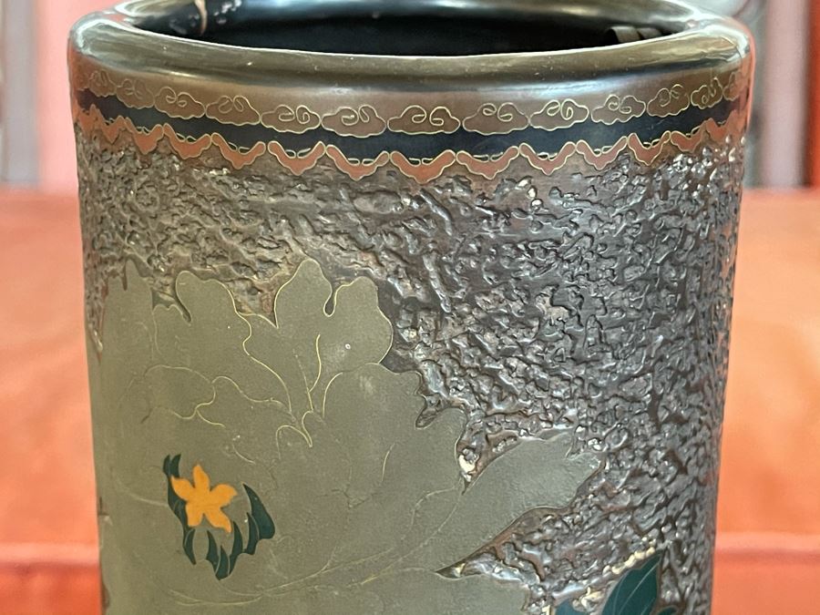 Old Japanese Cloisonne Vase Featuring Butterflies And Chrysanthemum Flowers (Slight Hairline Cracks Near Top As Shown In Photos) 9'H [Photo 3]