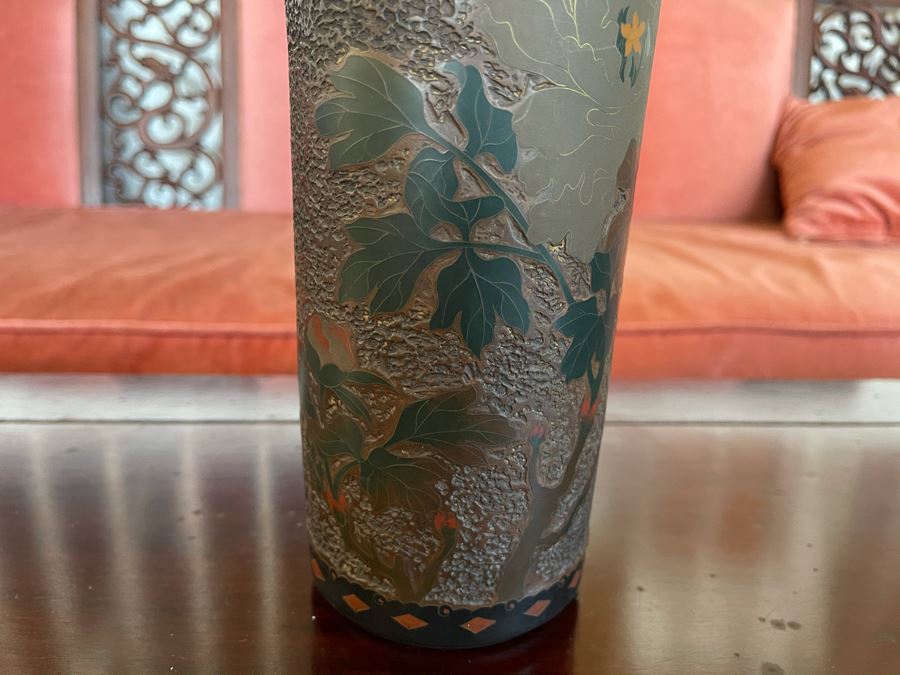 Old Japanese Cloisonne Vase Featuring Butterflies And Chrysanthemum Flowers (Slight Hairline Cracks Near Top As Shown In Photos) 9'H [Photo 8]