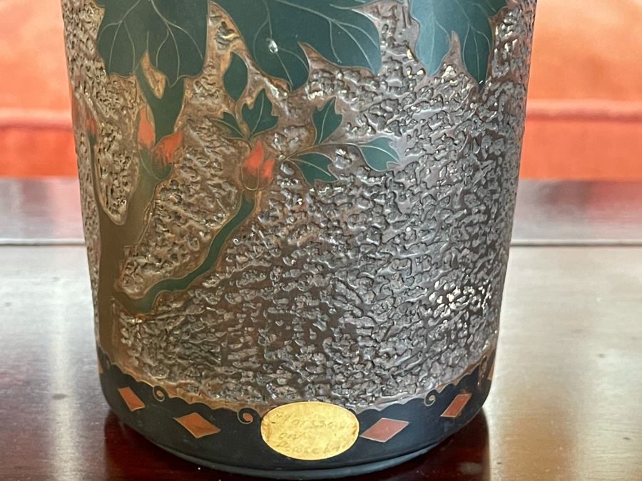 Old Japanese Cloisonne Vase Featuring Butterflies And Chrysanthemum Flowers (Slight Hairline Cracks Near Top As Shown In Photos) 9'H [Photo 5]