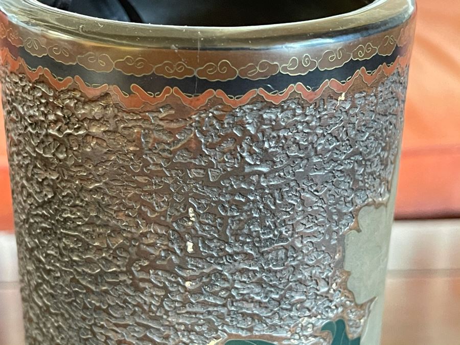 Old Japanese Cloisonne Vase Featuring Butterflies And Chrysanthemum Flowers (Slight Hairline Cracks Near Top As Shown In Photos) 9'H [Photo 14]