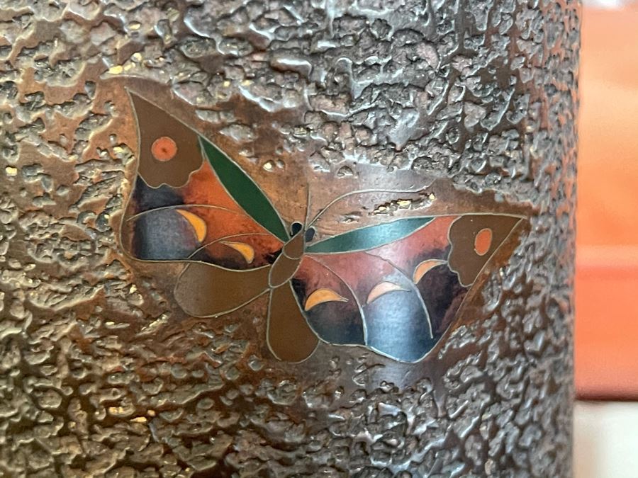 Old Japanese Cloisonne Vase Featuring Butterflies And Chrysanthemum Flowers (Slight Hairline Cracks Near Top As Shown In Photos) 9'H [Photo 10]