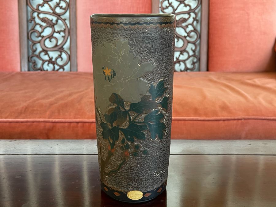 Old Japanese Cloisonne Vase Featuring Butterflies And Chrysanthemum Flowers (Slight Hairline Cracks Near Top As Shown In Photos) 9'H [Photo 2]