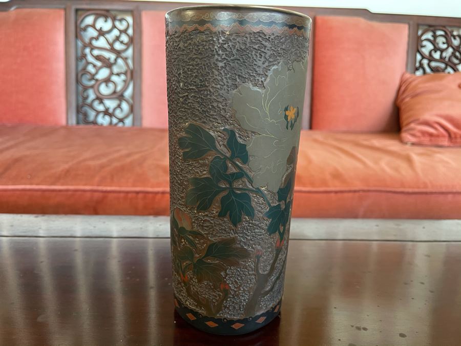 Old Japanese Cloisonne Vase Featuring Butterflies And Chrysanthemum Flowers (Slight Hairline Cracks Near Top As Shown In Photos) 9'H [Photo 7]