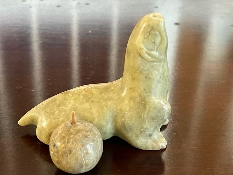 Carved Stone Seal Balancing Ball Figurine 3'L [Photo 5]