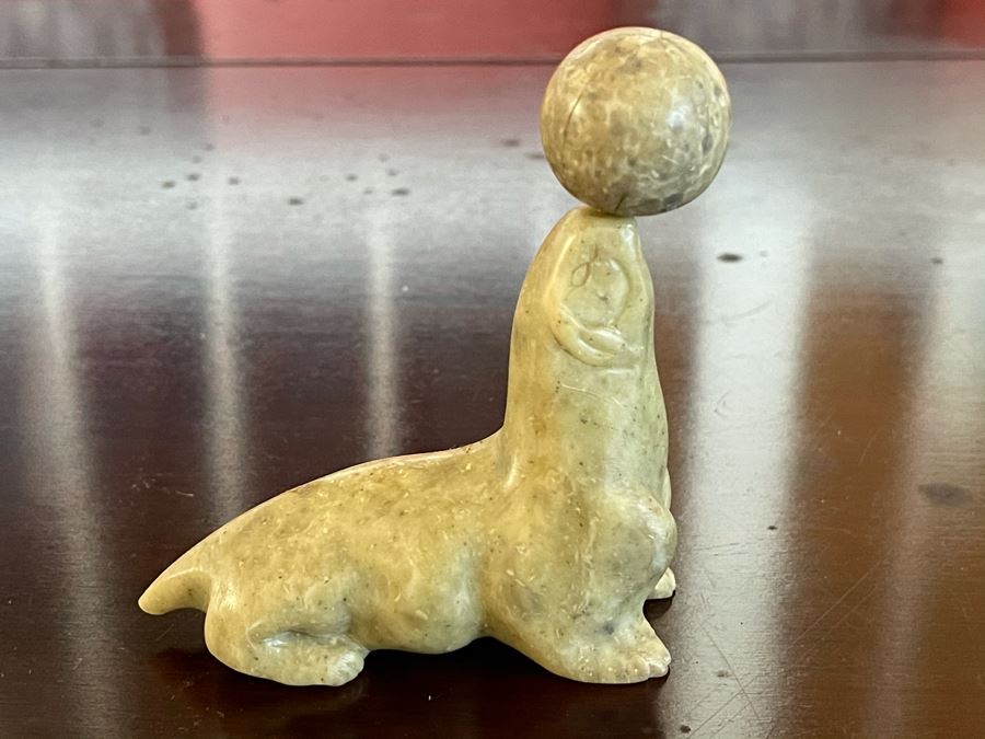 Carved Stone Seal Balancing Ball Figurine 3'L [Photo 4]
