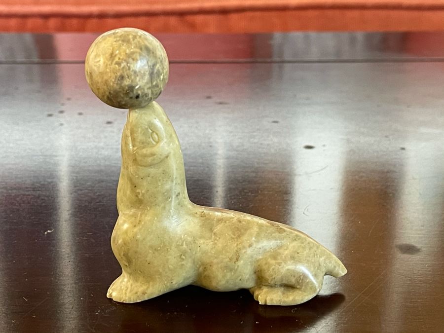Carved Stone Seal Balancing Ball Figurine 3'L