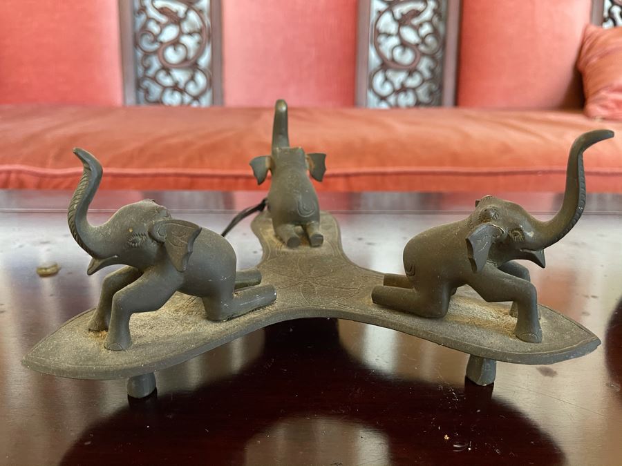 Vintage Bronze Bowl Supported By Three Elephants Stand Signed SHKL 10W X 6.75H [Photo 7]