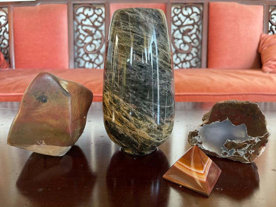 Stone Lot Featuring Turned Stone Vase 7H, Geode, Polished Pyramid Stone [Photo 1]