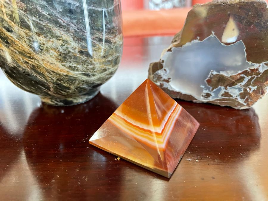 Stone Lot Featuring Turned Stone Vase 7H, Geode, Polished Pyramid Stone [Photo 5]