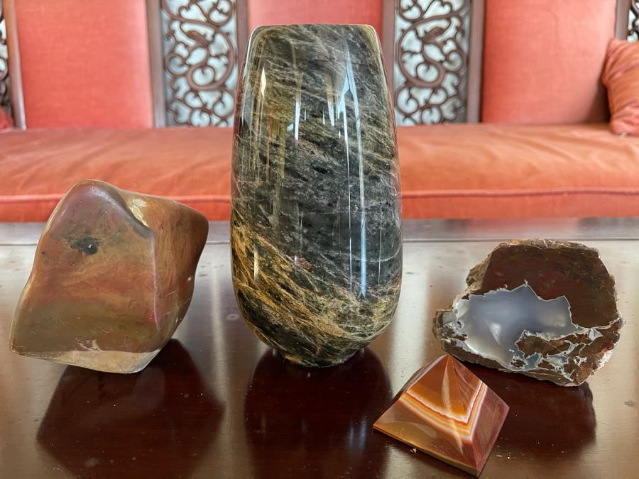 Stone Lot Featuring Turned Stone Vase 7H, Geode, Polished Pyramid Stone [Photo 2]
