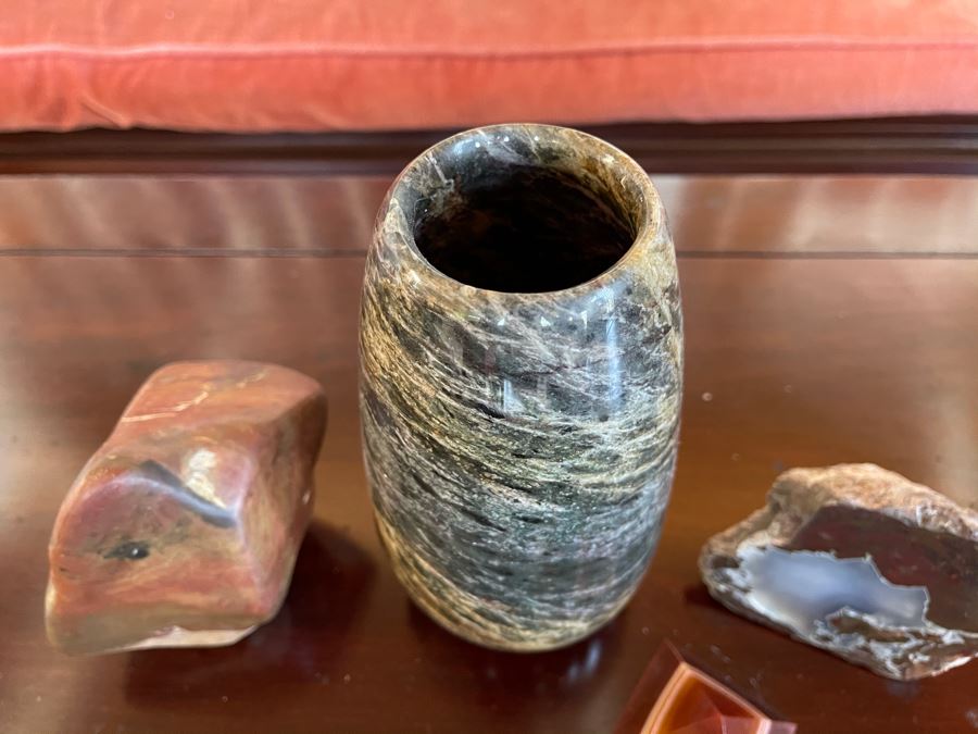 Stone Lot Featuring Turned Stone Vase 7H, Geode, Polished Pyramid Stone [Photo 4]