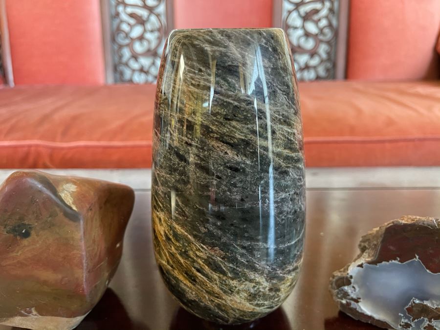 Stone Lot Featuring Turned Stone Vase 7H, Geode, Polished Pyramid Stone [Photo 3]