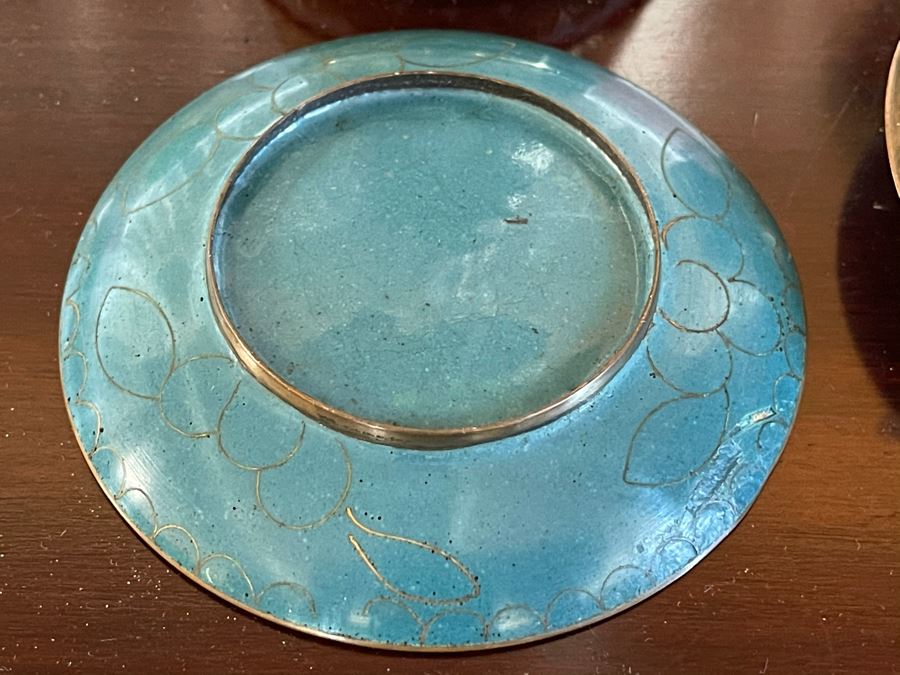 Vintage Chinese Cloisonne Pair Of Footed Lidded Jars 4.5H And Pair Of Dishes Trays 3.5R [Photo 11]