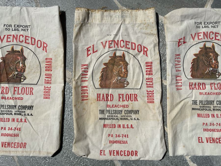 Set Of Three Vintage Horse Head Brand Hard Flour Bags The Pillsbury Company 16 X 27 [Photo 2]