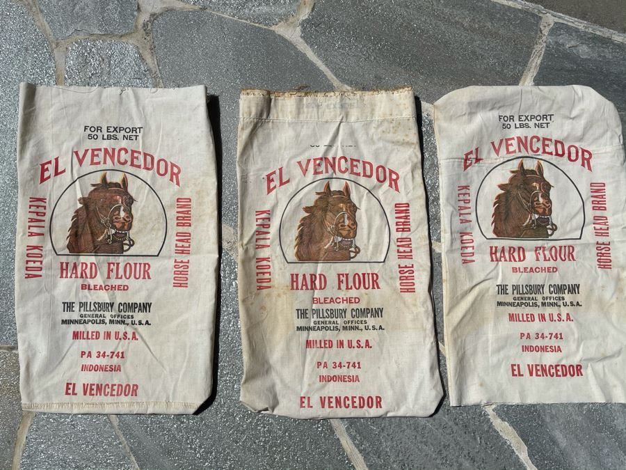 Set Of Three Vintage Horse Head Brand Hard Flour Bags The Pillsbury Company 16 X 27 [Photo 1]