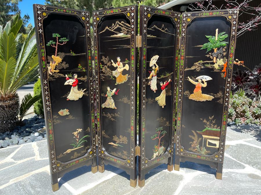 Vintage Four Panel Wooden Screen With Semi-Precious Stones Relief Carved Decorations 42W X 36.5H [Photo 3]