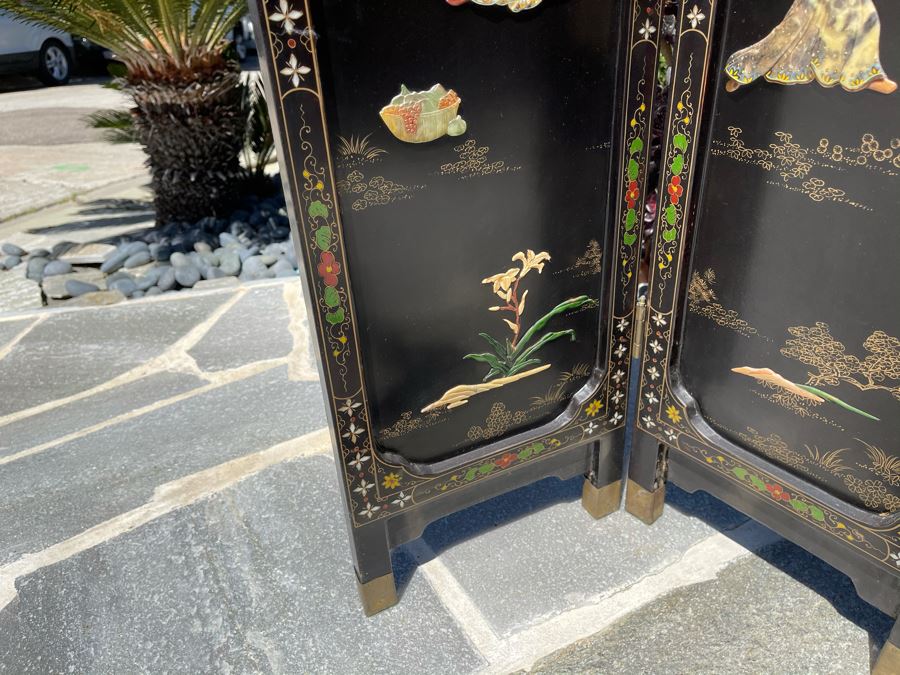 Vintage Four Panel Wooden Screen With Semi-Precious Stones Relief Carved Decorations 42W X 36.5H [Photo 5]