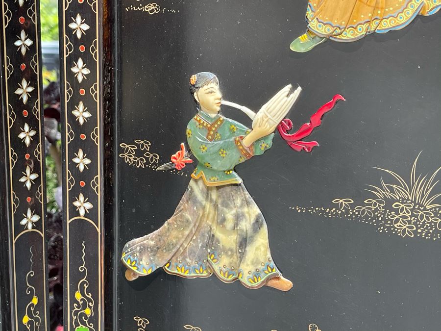 Vintage Four Panel Wooden Screen With Semi-Precious Stones Relief Carved Decorations 42W X 36.5H [Photo 7]