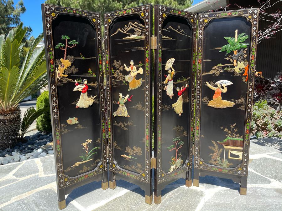 Vintage Four Panel Wooden Screen With Semi-Precious Stones Relief Carved Decorations 42W X 36.5H [Photo 1]