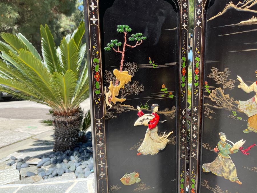 Vintage Four Panel Wooden Screen With Semi-Precious Stones Relief Carved Decorations 42W X 36.5H [Photo 4]