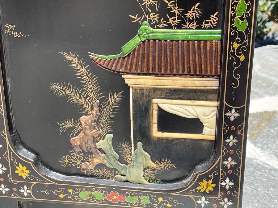 Vintage Four Panel Wooden Screen With Semi-Precious Stones Relief Carved Decorations 42W X 36.5H [Photo 12]