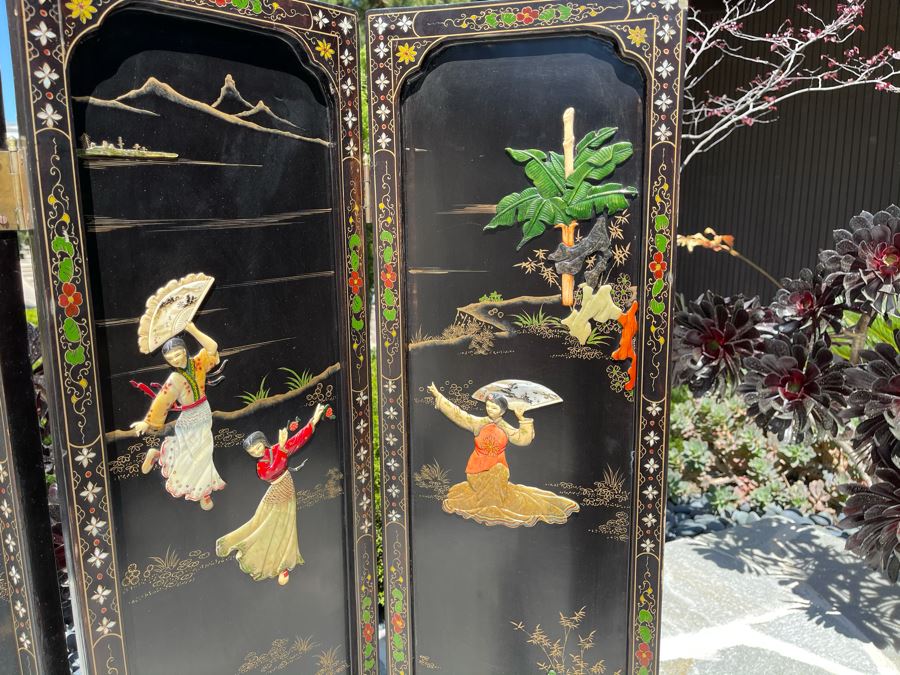 Vintage Four Panel Wooden Screen With Semi-Precious Stones Relief Carved Decorations 42W X 36.5H [Photo 13]
