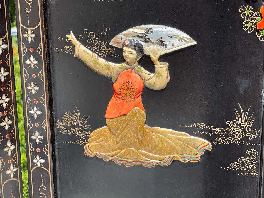 Vintage Four Panel Wooden Screen With Semi-Precious Stones Relief Carved Decorations 42W X 36.5H [Photo 14]