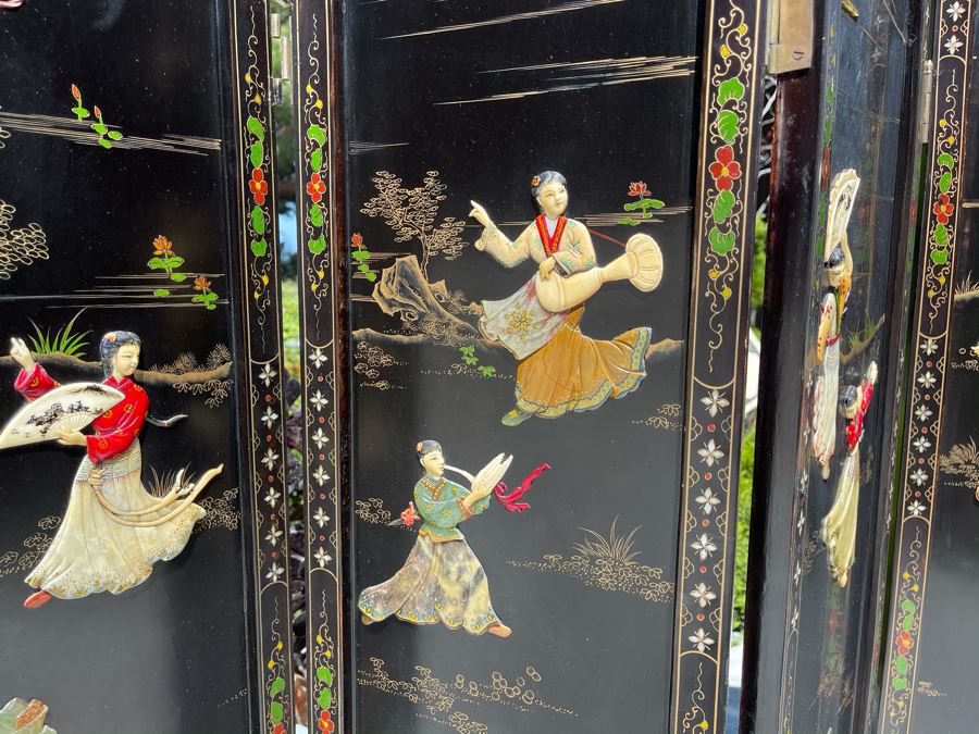 Vintage Four Panel Wooden Screen With Semi-Precious Stones Relief Carved Decorations 42W X 36.5H [Photo 6]