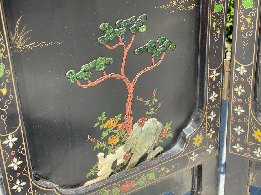 Vintage Four Panel Wooden Screen With Semi-Precious Stones Relief Carved Decorations 42W X 36.5H [Photo 11]