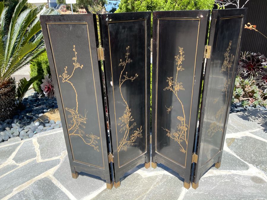 Vintage Four Panel Wooden Screen With Semi-Precious Stones Relief Carved Decorations 42W X 36.5H [Photo 16]