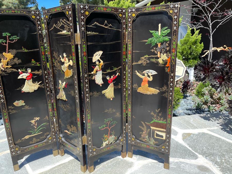 Vintage Four Panel Wooden Screen With Semi-Precious Stones Relief Carved Decorations 42W X 36.5H [Photo 9]