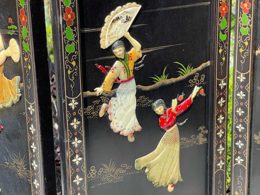 Vintage Four Panel Wooden Screen With Semi-Precious Stones Relief Carved Decorations 42W X 36.5H [Photo 10]