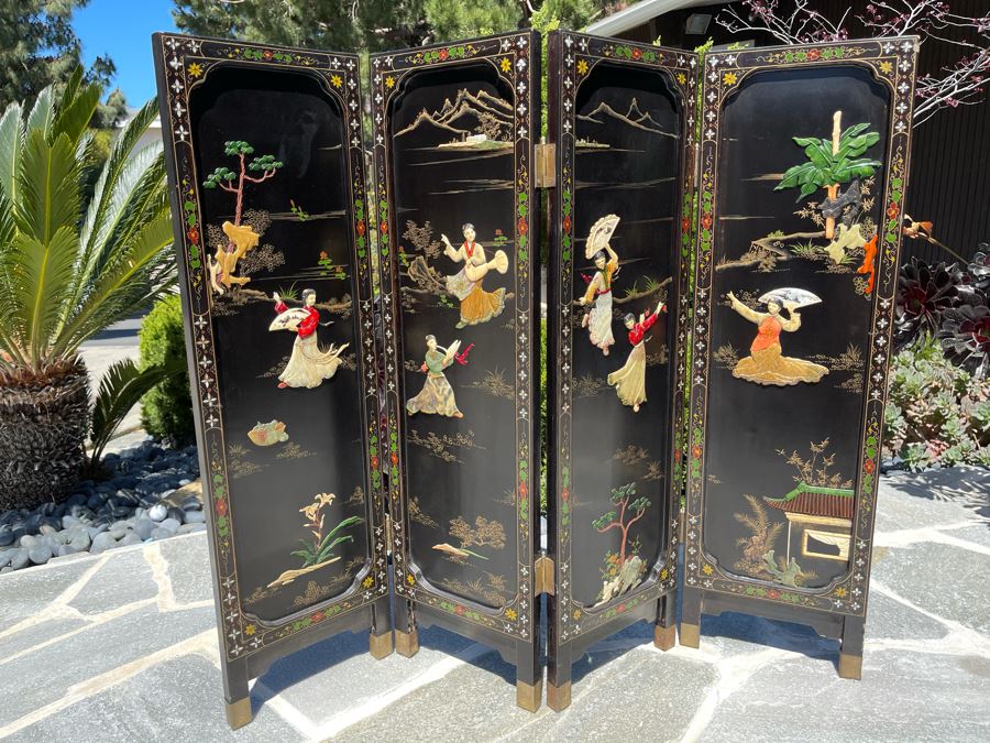 Vintage Four Panel Wooden Screen With Semi-Precious Stones Relief Carved Decorations 42W X 36.5H [Photo 2]