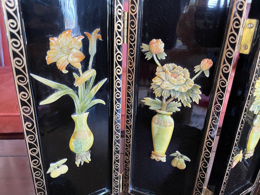Small Asian Panels Wooden Screen With Relief Carved Soapstone Floral Vases 18 X 14 [Photo 3]