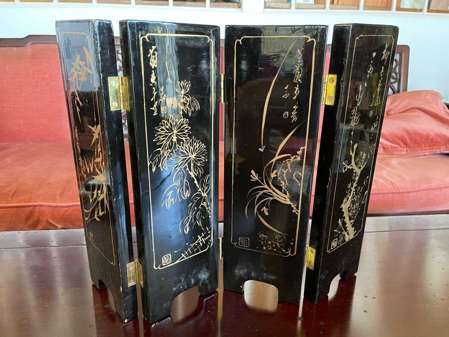 Small Asian Panels Wooden Screen With Relief Carved Soapstone Floral Vases 18 X 14 [Photo 10]