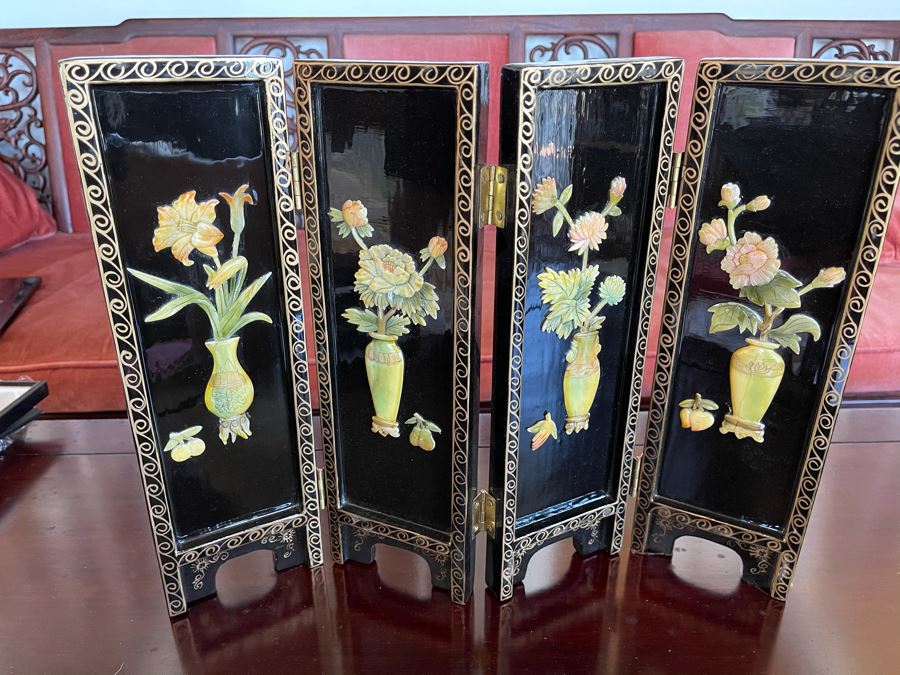Small Asian Panels Wooden Screen With Relief Carved Soapstone Floral Vases 18 X 14 [Photo 1]