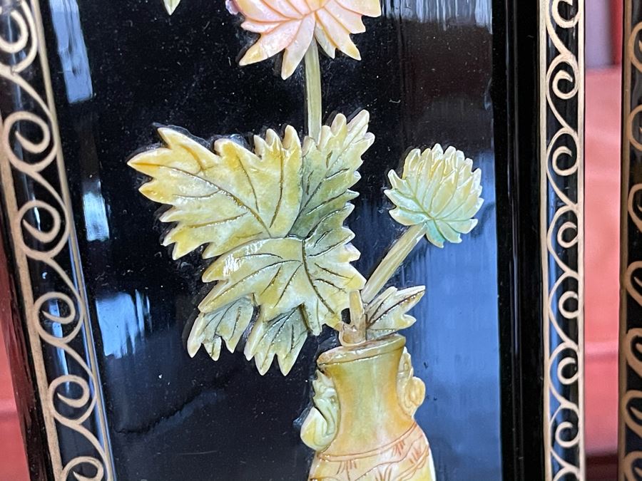 Small Asian Panels Wooden Screen With Relief Carved Soapstone Floral Vases 18 X 14 [Photo 7]
