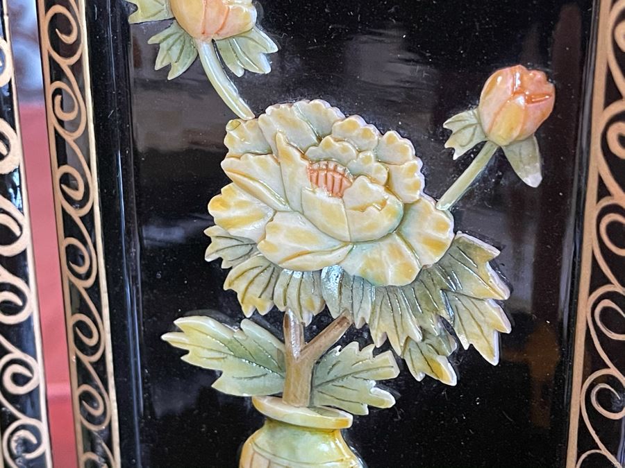 Small Asian Panels Wooden Screen With Relief Carved Soapstone Floral Vases 18 X 14 [Photo 8]