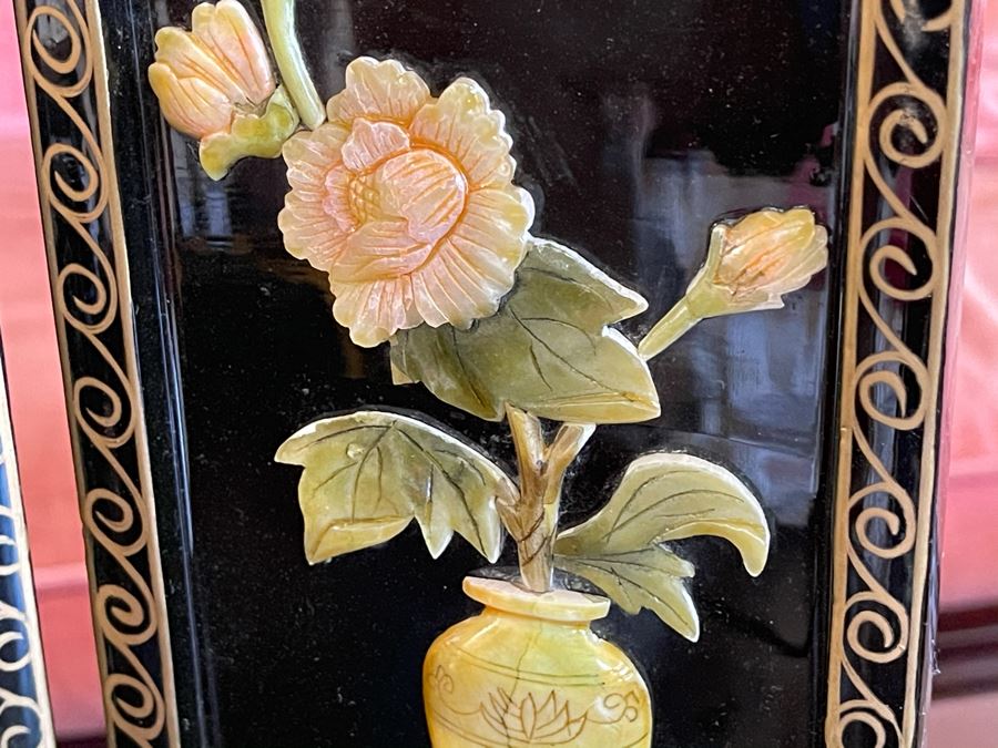 Small Asian Panels Wooden Screen With Relief Carved Soapstone Floral Vases 18 X 14 [Photo 5]